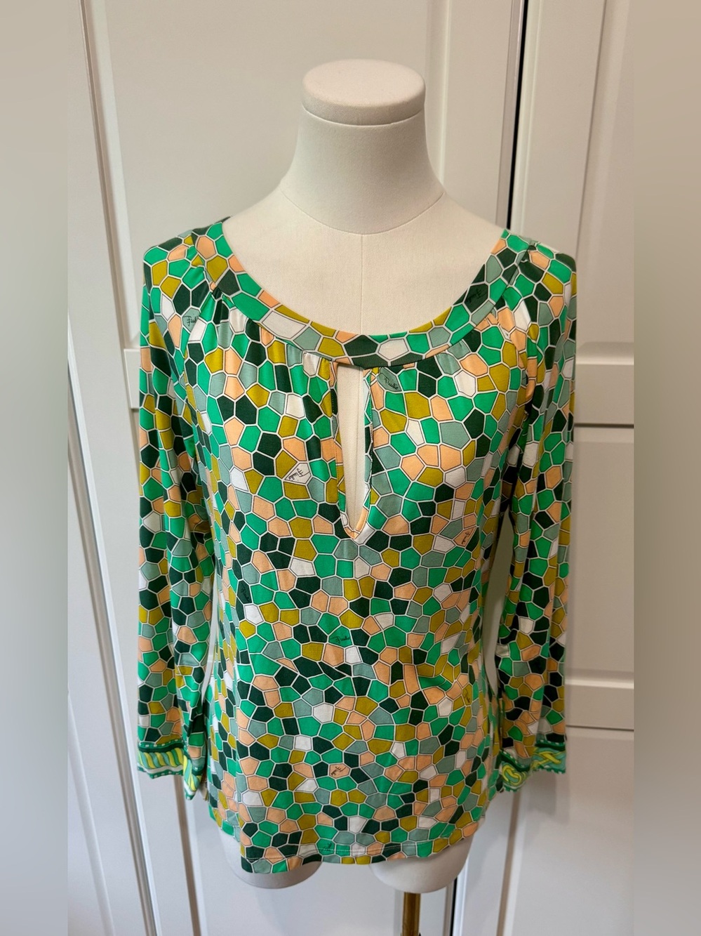 Emilio Pucci Green Mosaic-Print Long Sleeve Shirt Shades Greens One of a Kind L